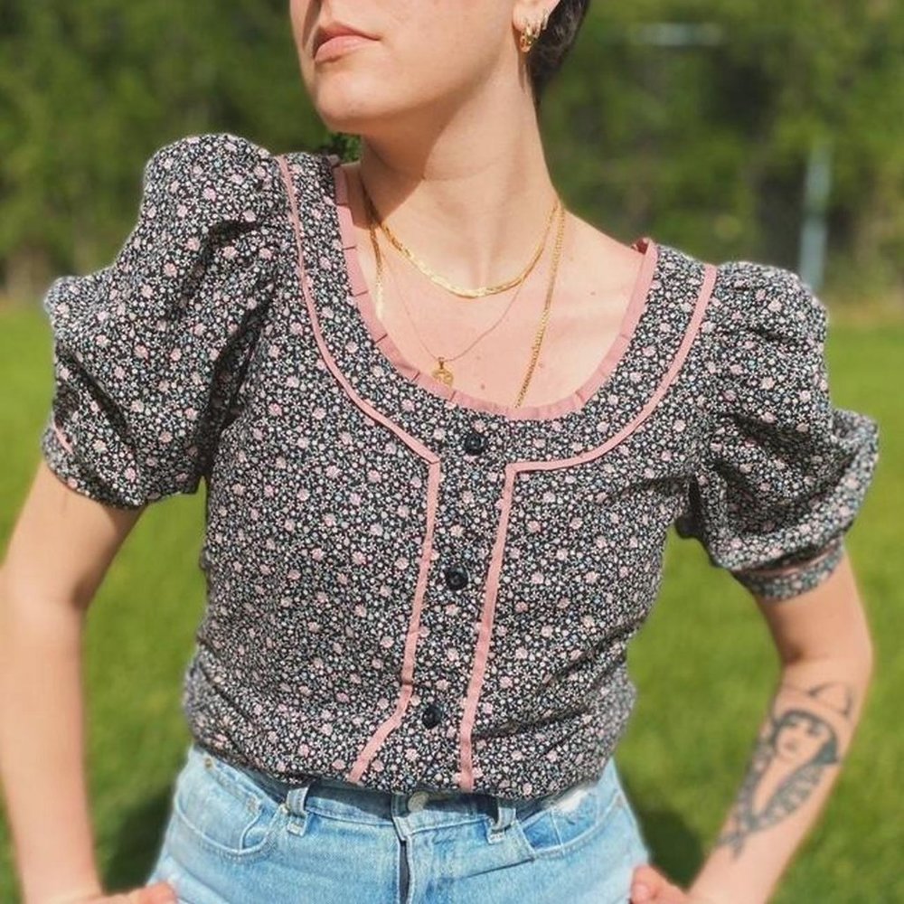 Handmade Calico Prairie Puff Sleeve Button Down Top